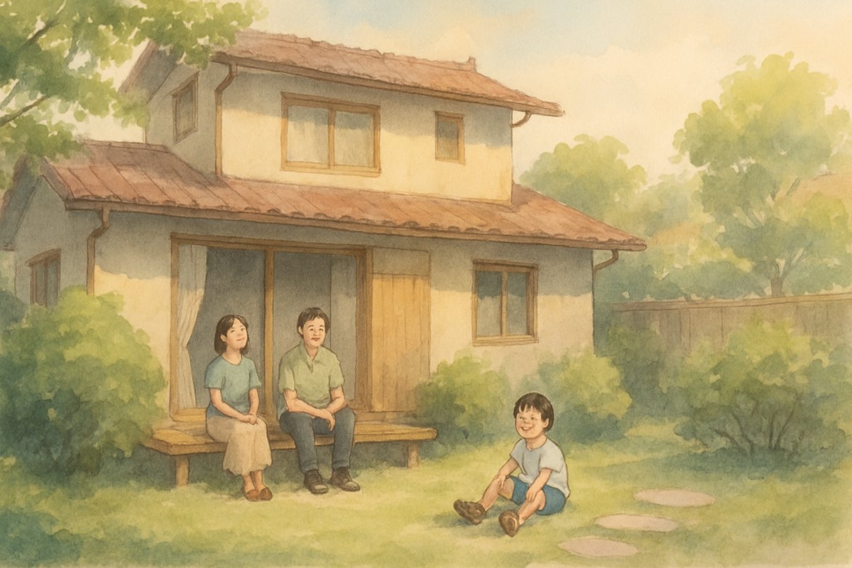 午後の光の中で穏やかな日本の一戸建てと家族の水彩イラスト
