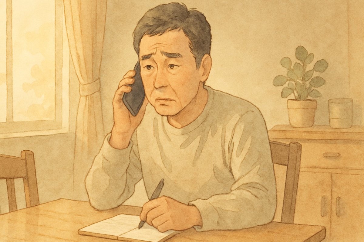 害獣被害で市役所に電話相談する男性のイラスト